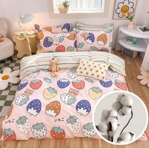 100% Cotton Kids Duvet Cover Set - Kawaii Cartoon Strawberry Bedding Twin